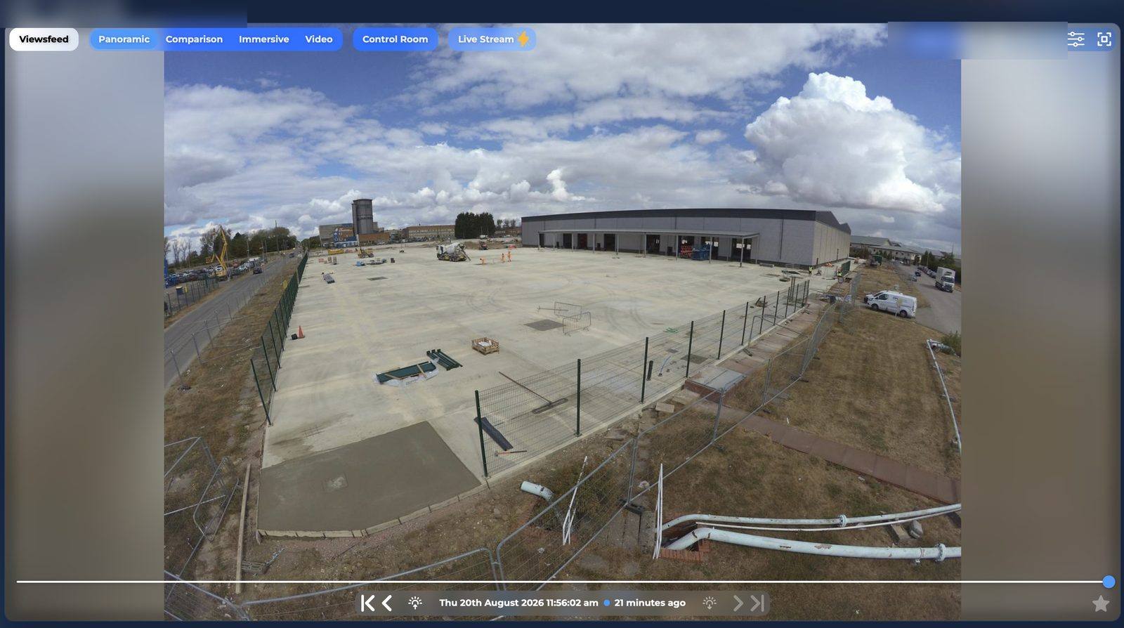 SkyGlide live timelapse portal showing a site camera feed with archive scrubbing