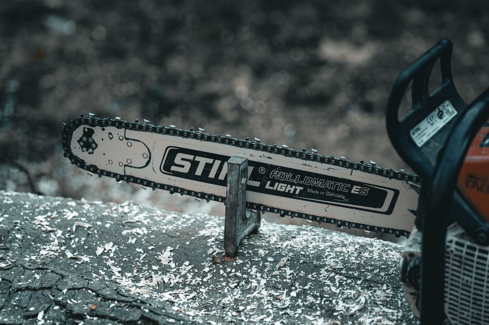 Chainsaw bar resting on fresh-cut timber covered in sawdust