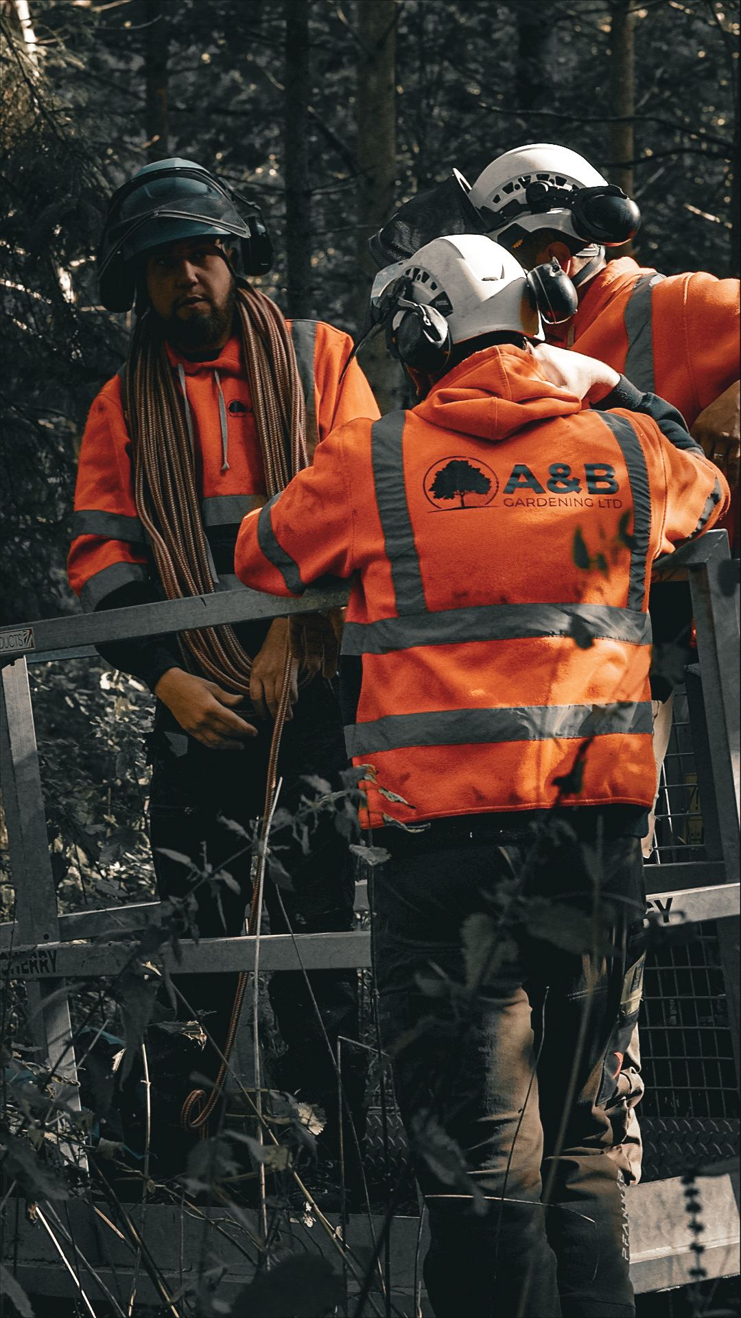 Arb crew on a MEWP platform, frame from a recruitment film