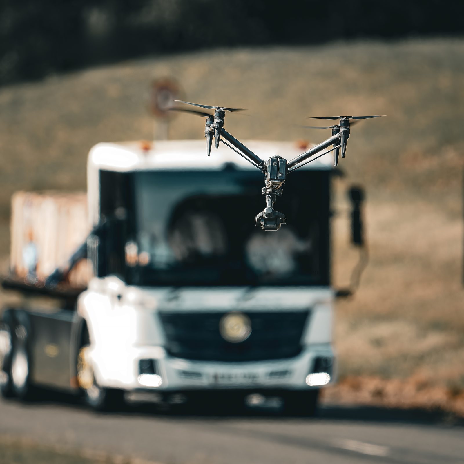 Drone tracking an HGV at speed on a closed course